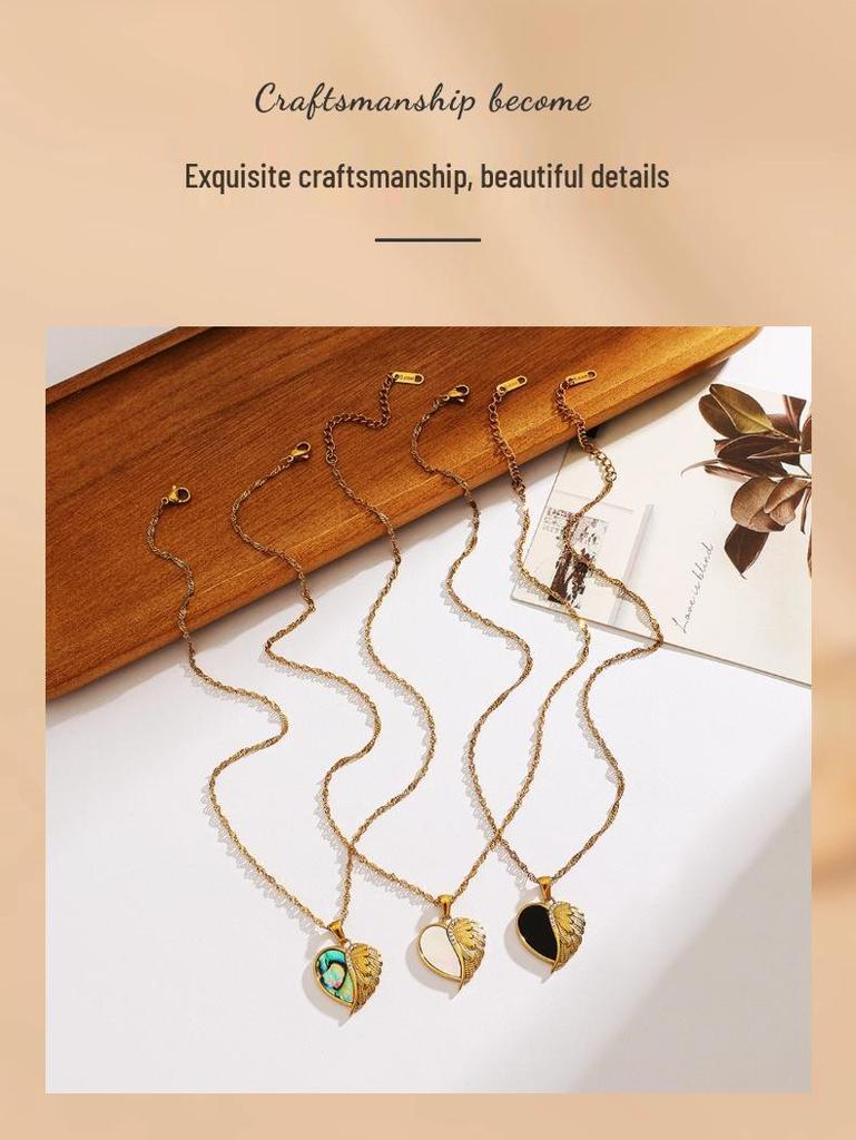 Waterproof 18K Gold-Plated Heart Pendant Necklace with Stainless Steel, White Mother of Pearl, and Abalone Shell