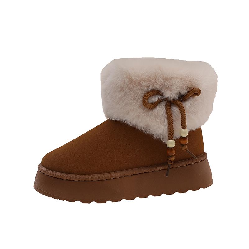 Women Snow Boots Round Toe Platform Sole Butterfly-knot String Bead Cotton Boots Fashion All-match Winter Plush Thickened Boots