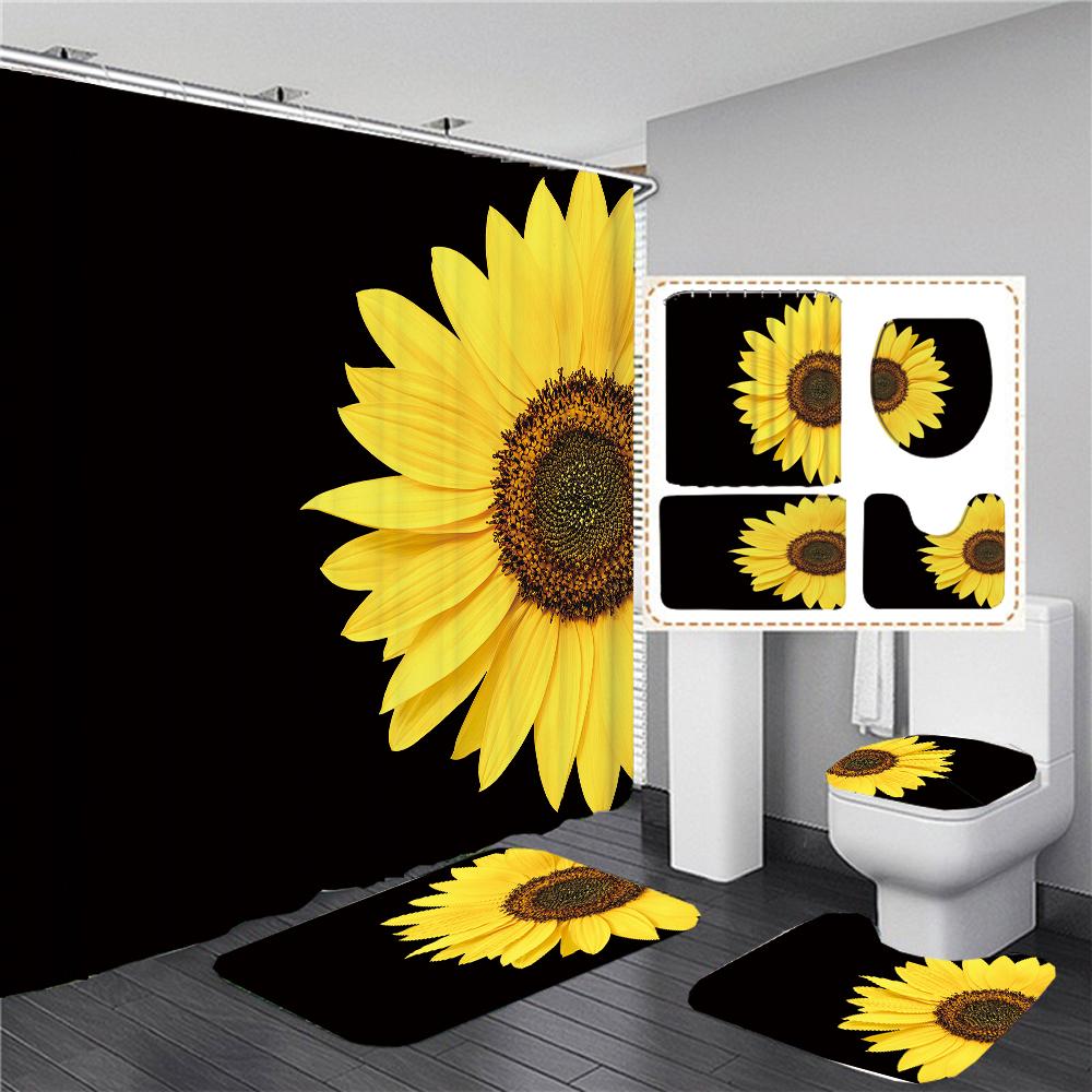Magic Sunflower Butterfly Shower Curtain Sets Black Yellow Art Country Flower Bathroom Decor Curtains Bath Mats Rug Toilet Cover