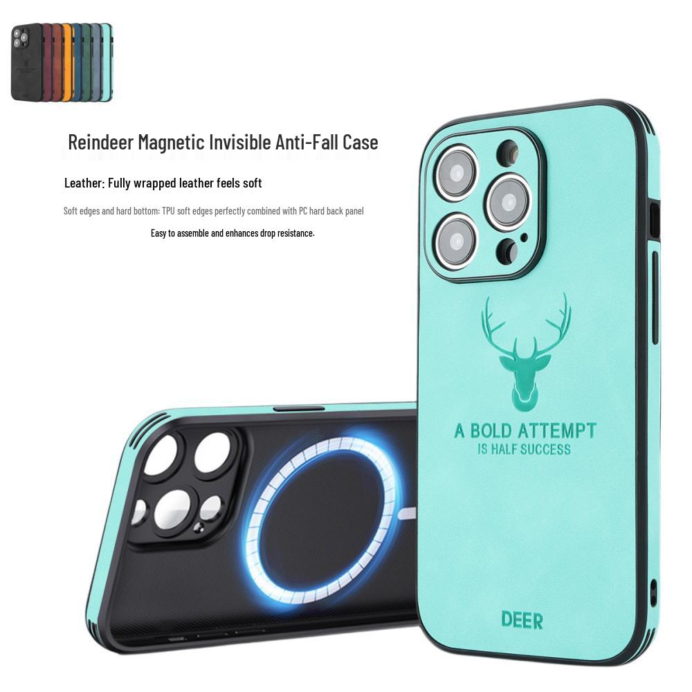 Magnetic Leather Phone Case for iPhone 11-16, Compatible with iPhone 12-15 Pro Max, Elk Head Design, Japanese & Korean Style