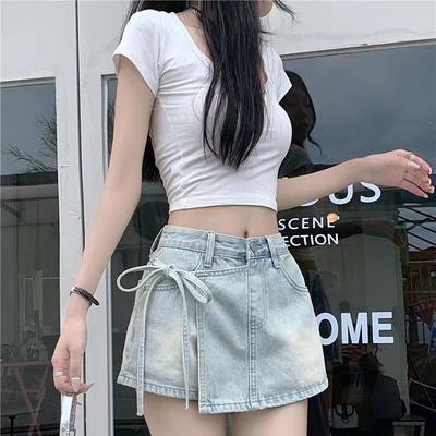 Fustă Scurtă din Denim pentru Femei de Vară A-line cu Talie Înaltă Neregulată Stil Occidental Salopetă cu Bretele