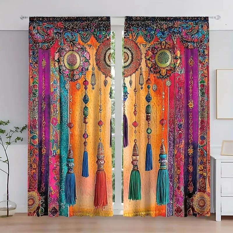 

Style Ruffled Pattern Printed Curtains Window Decorations Home Room Curtain Set Of 2 Bohemian Made Polyester Washable W100*H70(CM)-Grommet top&1PCS