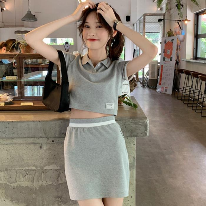 

Summer New Skinny Polo Neck Short Top High Waist Hip Wrap Skirt Contrast Color Two-piece Suit Women XXL сірий колір