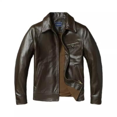 Giacca in pelle da uomo in stile classico cinese anni '40, vera pelle di vacchetta, colore verde oliva, vestibilità aderente, primavera autunno