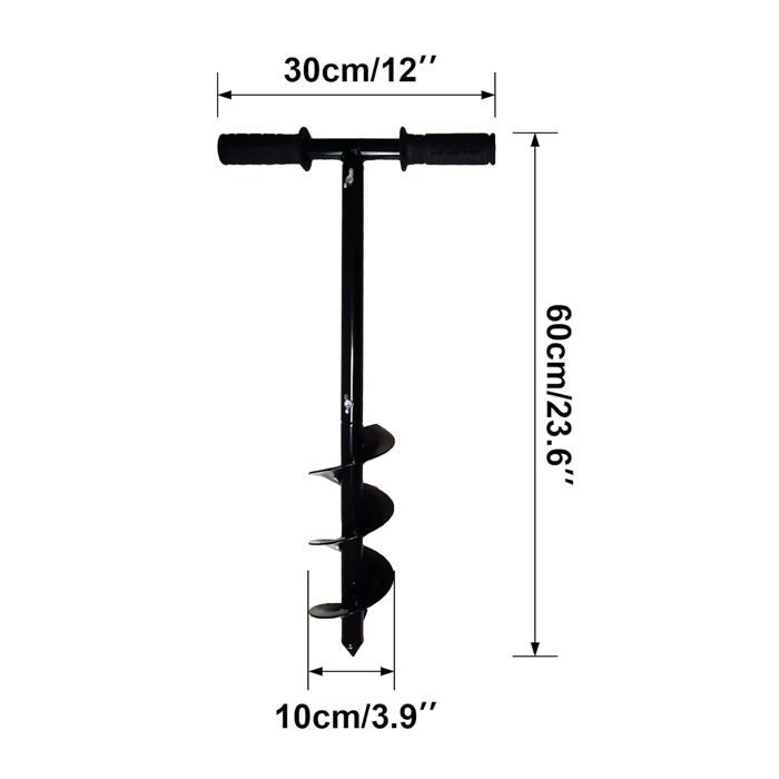 Tarière manuelle 10x60 cm – Bêche hélicoïdale noire pour bulbes et plantation