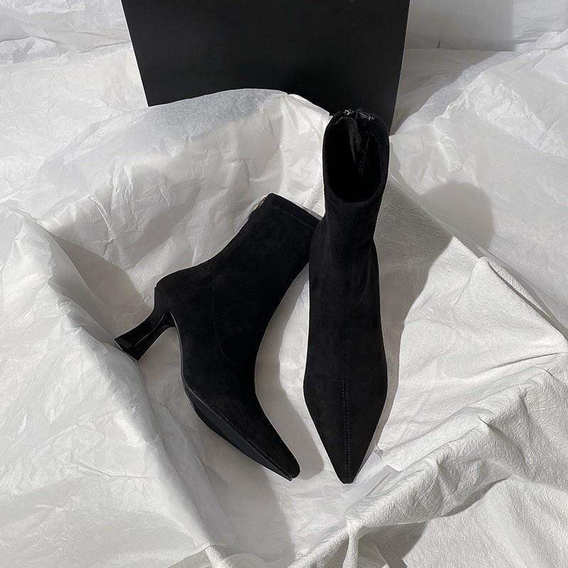 Women's Shoes Brown Short Boots Women's High Heels Autumn and Winter New Versatile French Thin Heel Elastic Boots Suede Pointed Thin