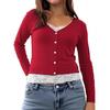 2025 European & American Fashion V-neck Button Ribbed Lace Patchwork Long Sleeve Two-piece Top