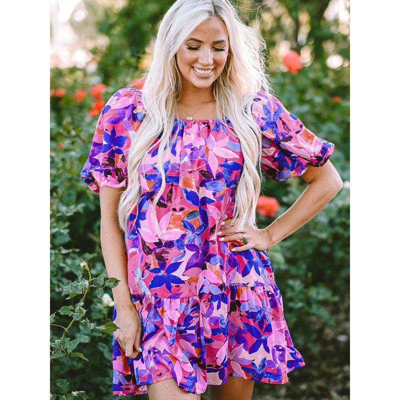 Summer New Holiday Puff Sleeve Dress Women 2025 Fashion Fashion Florals Print Knee-Length Skirt Women