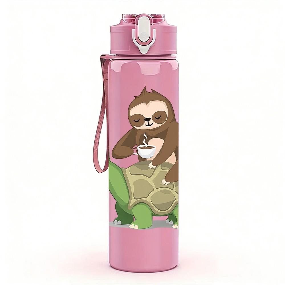 1PC Sloth Turtle Cute Cartoon Print 750ml Color Plastic Sports Water Bottle Leakproof Flip Straw Lid Suitable for Sports Office Home Use