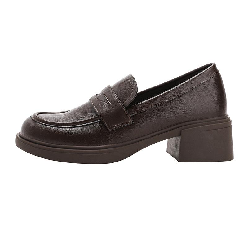 

Cowhide version~ retro thick heel round head fashion single shoes British style commuter high heel JK soft leather one-pedal loafers 40 коричневый