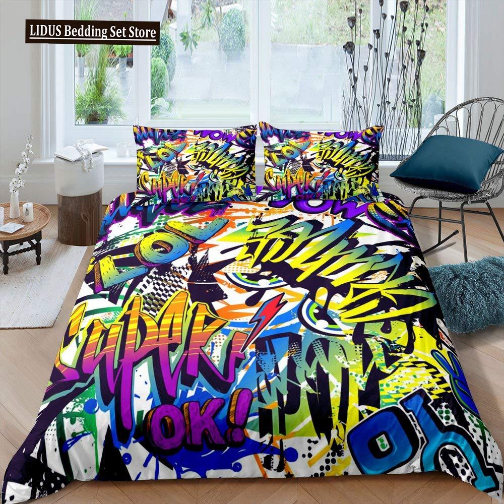 Zestaw poszwy na kołdrę Graffiti dla nastolatków chłopców Hip Hop Art Zestaw poszwy na kołdrę Muzyka rockowa Sportowy zestaw pościeli Zestaw poszwy na kołdrę Rozmiar Queen