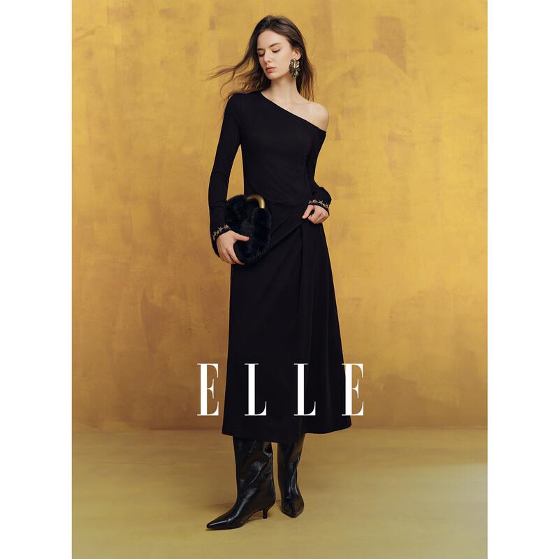 ELLE Women s Black Off-Shoulder Embroidered A-Line Dress M