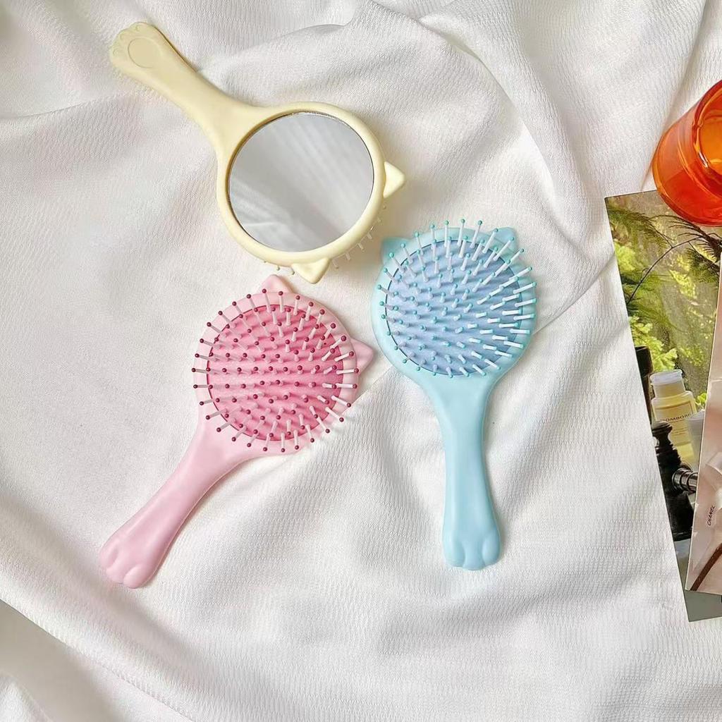 Cute Cat Paw Handheld Cushion Comb & Mirror - Portable Scalp Massage Brush