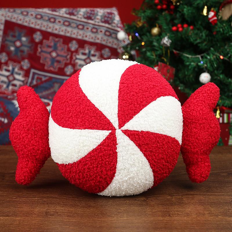 Coussin Décoratif en Peluche Rouge Noël Bonbon Canne Suçette Rempli Décor Canapé Fauteuil Accessoire Fête Cadeau