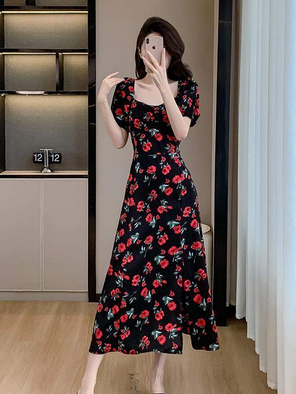 Summer 2024 French Square Neck Rose Print Dress - Gentle Style
