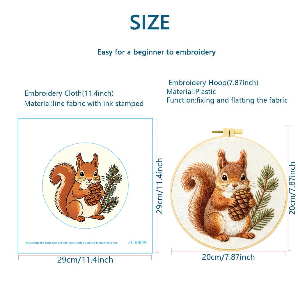 Cute Squirrel Hand Embroidery Kit, Set with 20 Cm Embroidery Hoop, Scissors and Needle Threader, DIY Wall for Bedroom