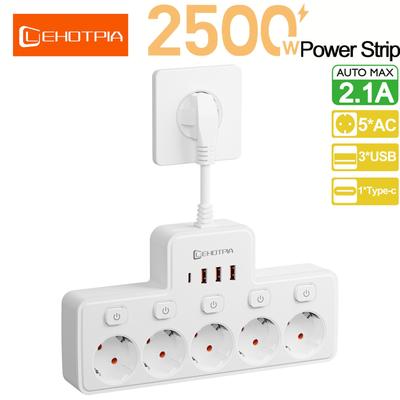 EU AC Plug Independent Switch Wall Mounted Power Strip 5 AC European Standard Plug Network Filter With 3 USB 1 C Ports Charging