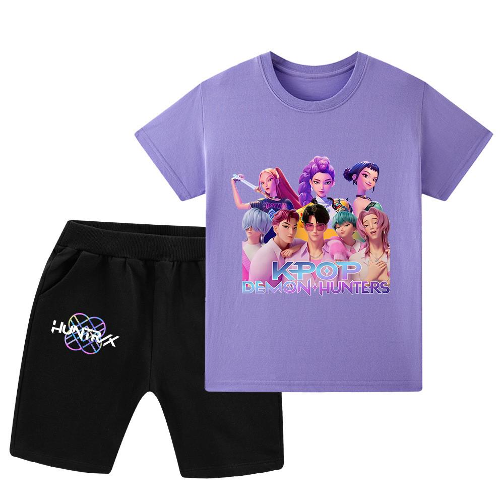 

WA1204 Kids Boys Girls Kpop Rumi Zoey Mira Sajaboys Print Short Sleeves T-shirt Shorts Pants Sets 160cm