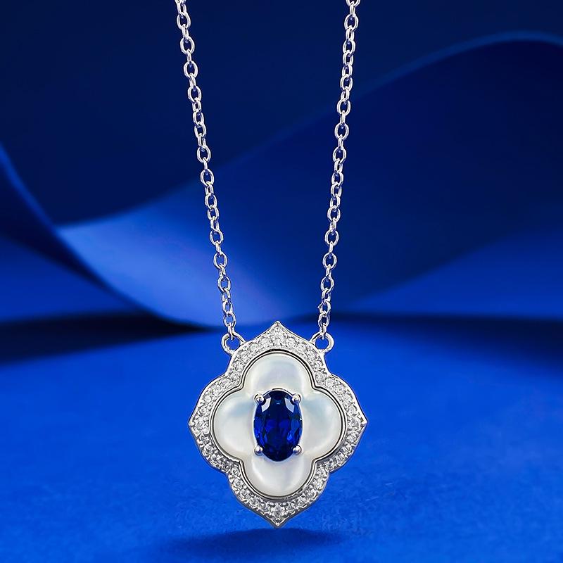 Lulu Tongzhu S925 Silver Necklace with White Mother-of-Pearl & Royal Blue Inlay 4x6mm Clavicle Chain Pendant for Women.