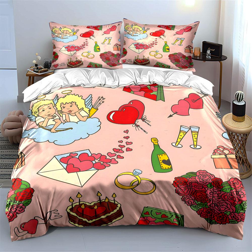 Hand-Drawn Love Elements Bedding Set For Kids Luxury Gift 3Pcs Digital Print Comforter Set Soft Comfortable Breathable