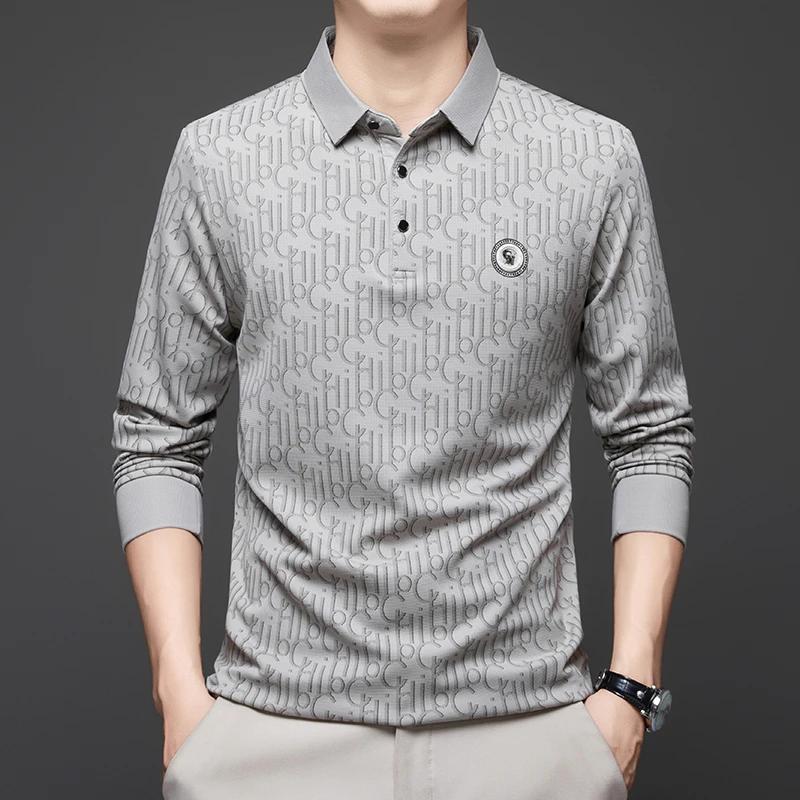 New Men'S Business Casual Long Sleeved Shirt With Badge Solid Color Polo Shirt Fashionable Breathable Comfortable Versatile Top