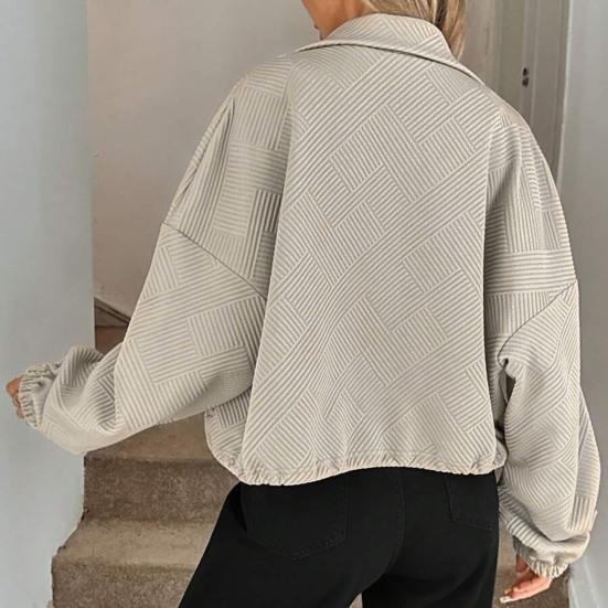 Women's Full Zip Short Jacket Casual Long Sleeve Stand Collar Crop Coat Drawstring Hem Fall Sweatshirt with Pockets