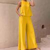 2 Pcs/Set Women Top Pants Set Solid Color Round Neck Sleeveless Loose Vest Wide Leg Side Pockets Trousers Daily Wear Commute Vac