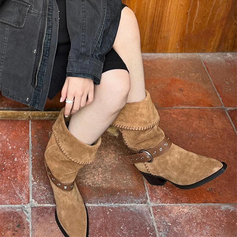 Vintage Pointed Toe Pleated Woman Western Cowboy Boots Fashion Slip On Thick Heel Knight Booties