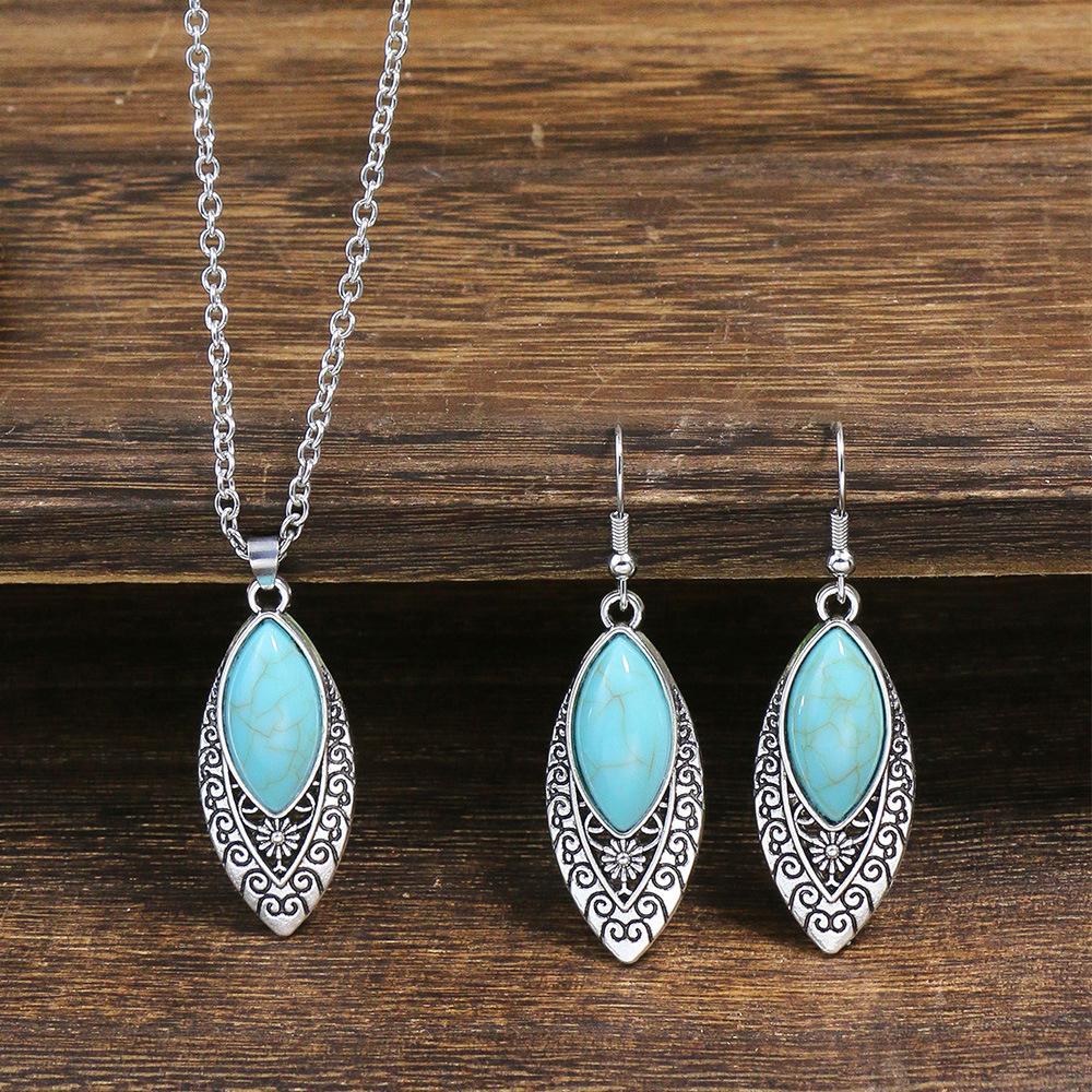 Ethnic Boho Turquoises Necklace Earring for Women Vintage copper Plated Carved Flower Dangle Earrings Indian Zircon Gift