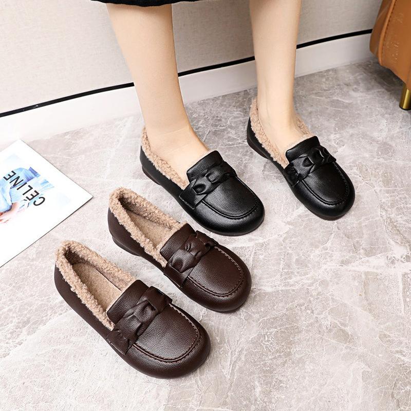 Real Soft Leather Velvet Women's Shoes Autumn and Winter New Soft-soled Comfortable Shoes Flat Leather Shoes Warm Cotton Shoes