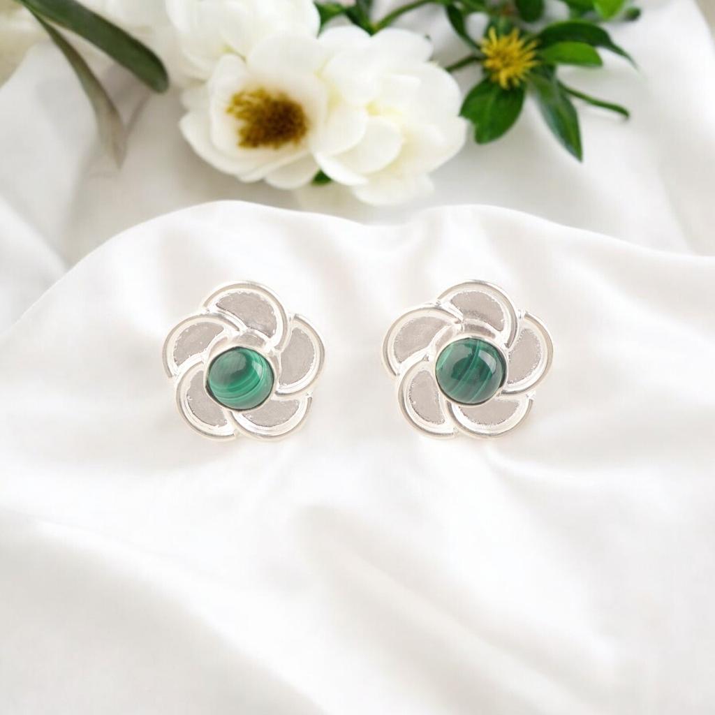 Natural Malachite Gemstone 925 Sterling Silver Jewelry Handmade Small Studs 0.5" EE-157-23