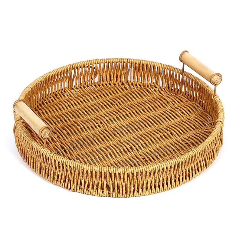 Hand Woven Rattan Tray Square/Round Storage Basket for Kitchen Home Office Bread Food Plate Fruit Cake Sundries Storage