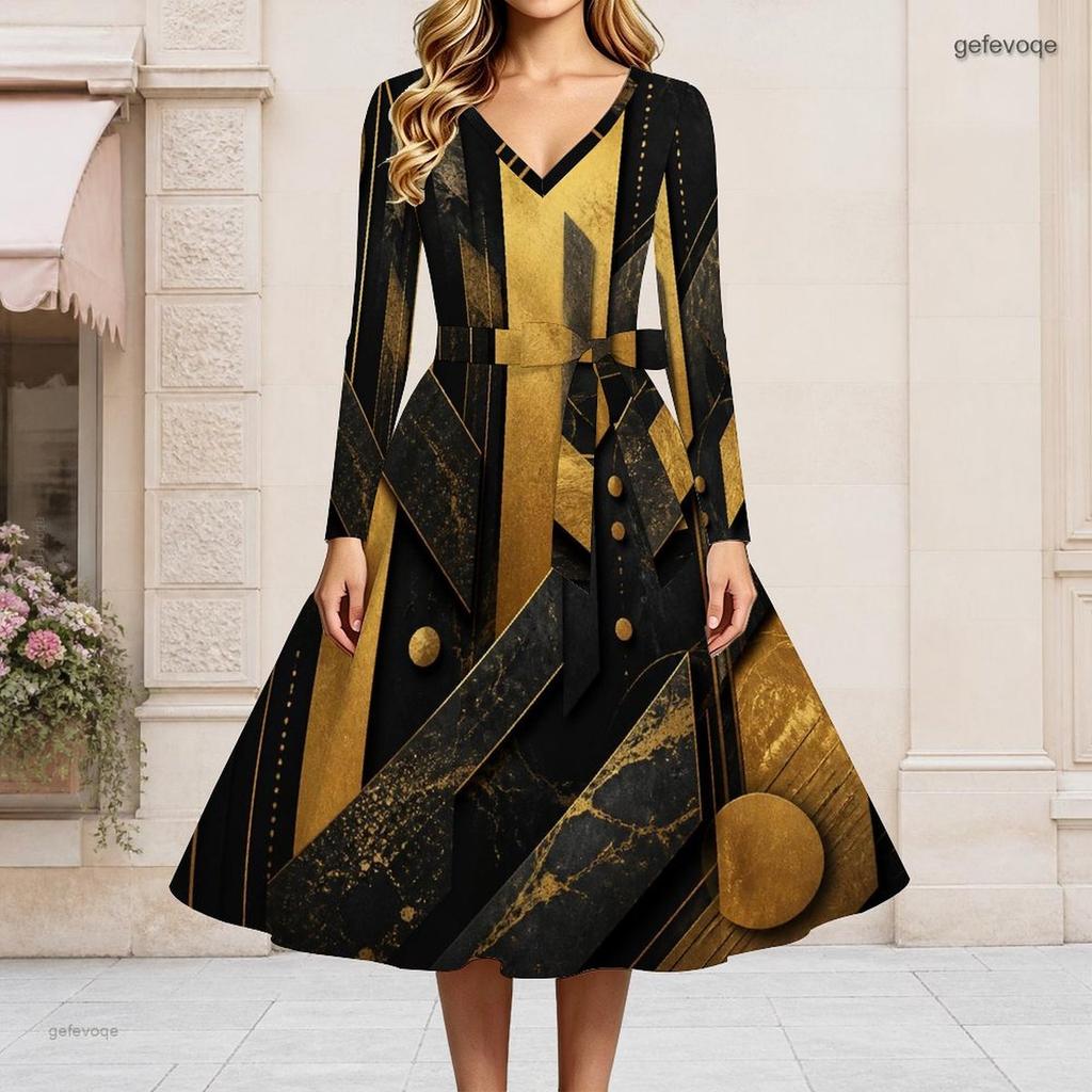 Women Plus Size V Neck Long Sleeve Light Purple Printed Tie Waist Flared A Line Midi Dress