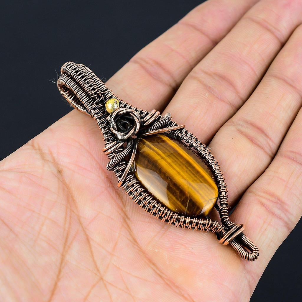 Tiger Eye Pendant, Handmade Gemstone 999 Copper Wire Wrapped Pendant Antique Jewelry, For Gift Silver Jewelry
