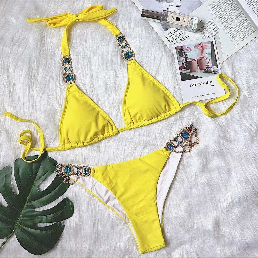 Evropské a americké sexy bikiny křišťálové plavky s diamantovým řetízkem s bronzovým hadím vzorem na popruhu