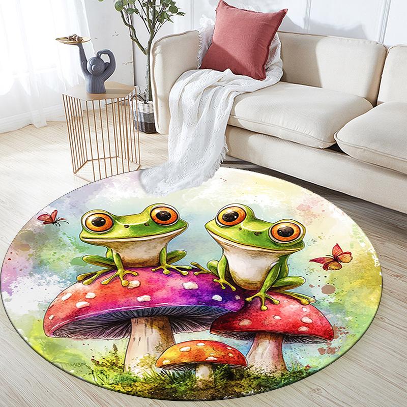 Frog Toad Mushroom Round Area Rug,Carpet Rug for Living Room Bedroom Sofa Playroom Decor,Non-slip Floor Mat