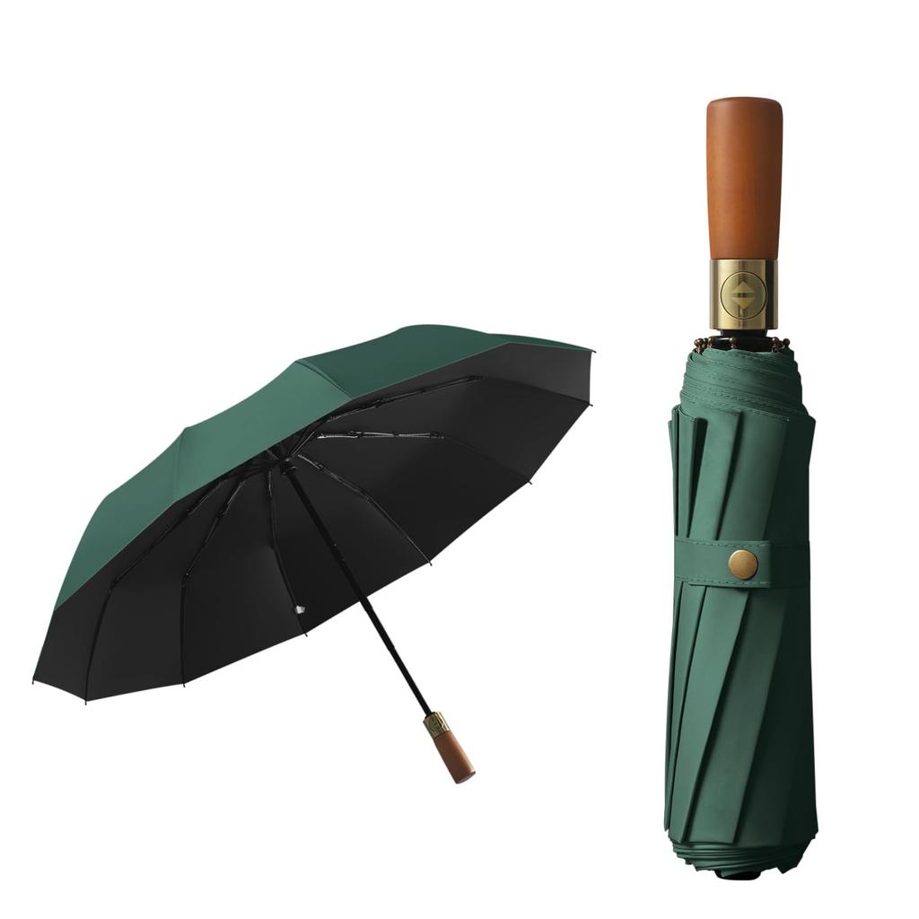 British style folding automatic opening and large size solid wood 12 ribs water quick wind Teflon coating light heat UV protection rain and shine