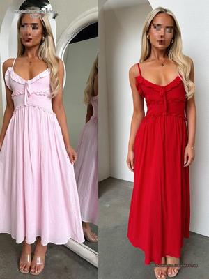 2026 European Spring/Summer Spaghetti Strap Ruffle Dress - Casual Loose Vacation Wear for Women
