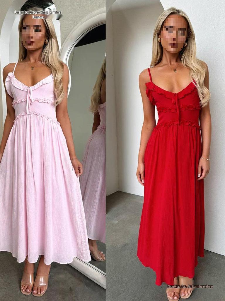 2026 European Spring/Summer Spaghetti Strap Ruffle Dress - Casual Loose Vacation Wear for Women