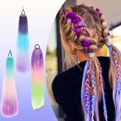 Bunte, lange Pferdeschwanzverlängerung für Frauen mit Haargummi, glitzernd, natürlich aussehend, flauschig, umwickelt, Farbverlauf, glatter Pferdeschwanz, synthetisches Haarteil