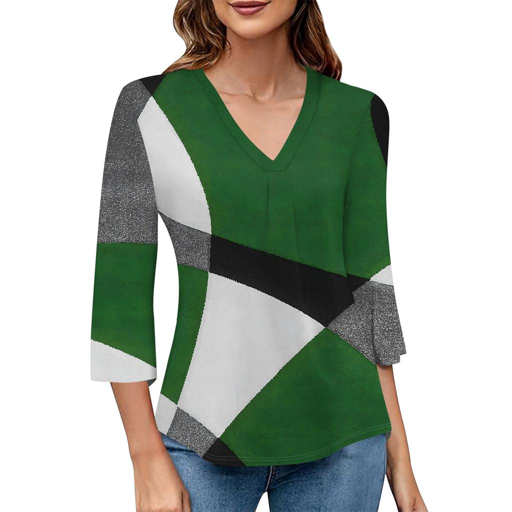 Damski top z dekoltem w serek i nadrukiem gradientowym, rękawami trzy czwarte, modny