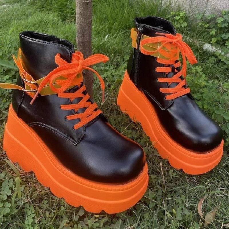 Martin shoes new European and American bright leather lace-up platform short boots women's large size women's boots