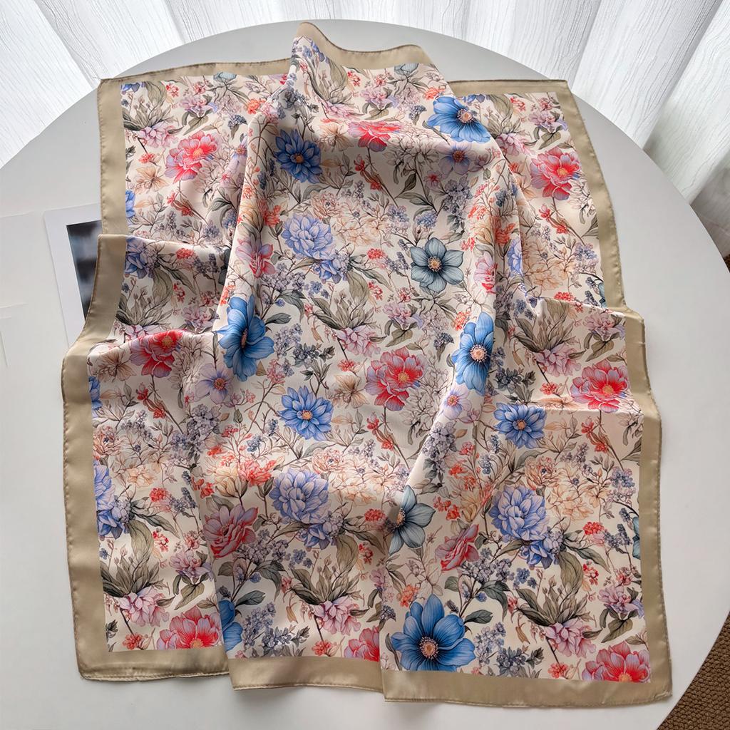 Elegant Women Square Scarf Silk Imitation Print Floral Neckerchief Bandana Foulard Lady Shawl Scarves Wrap Head Hair Band Ties