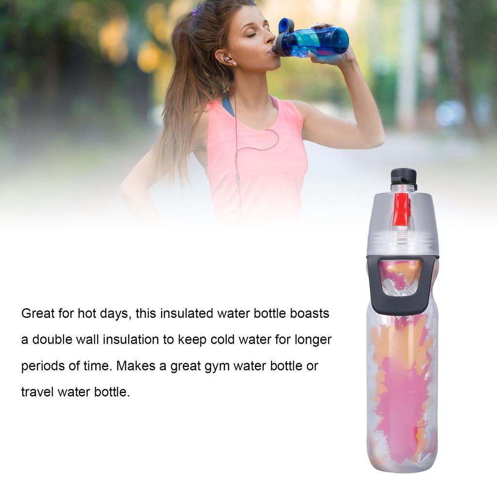 PE Misting Water Bottle Spray Mist Sports Water Bottle Reusable Cooling Drinking Bottle with Double Wall Insulation Carry Loop Red