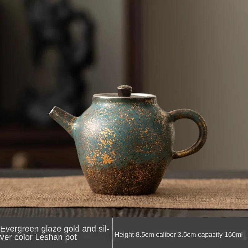 

Evergreen Glaze Gold and Silver Color Leshan Pot Handmade Retro Small Teapot Kung Fu Tea Set Teapot Hand Ewer Single Tea Kettle