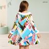 Girls High Neck Long Sleeve Printed White Blue Furry Trim Bow Waist A Line Flared Dress