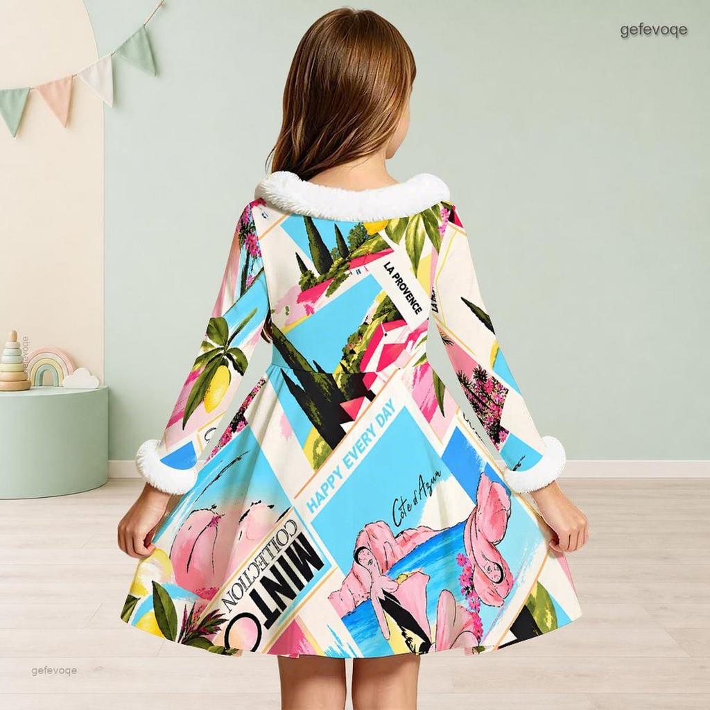 Girls High Neck Long Sleeve Printed White Blue Furry Trim Bow Waist A Line Flared Dress