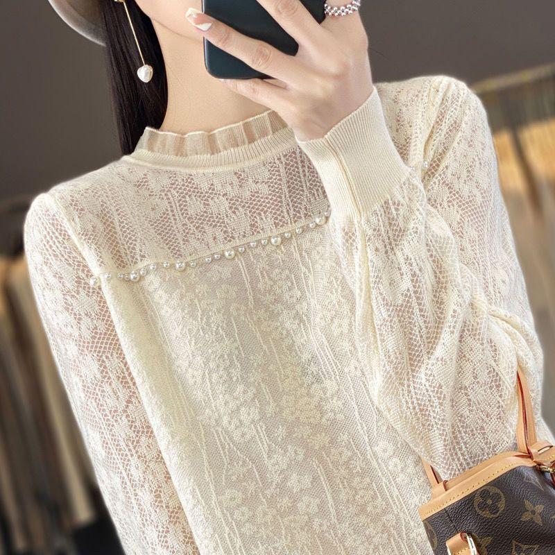 Lace Sweater Women's Long-sleeved Cut-out Knitted Sweater with Korean-style Fashionable Beaded Pullover