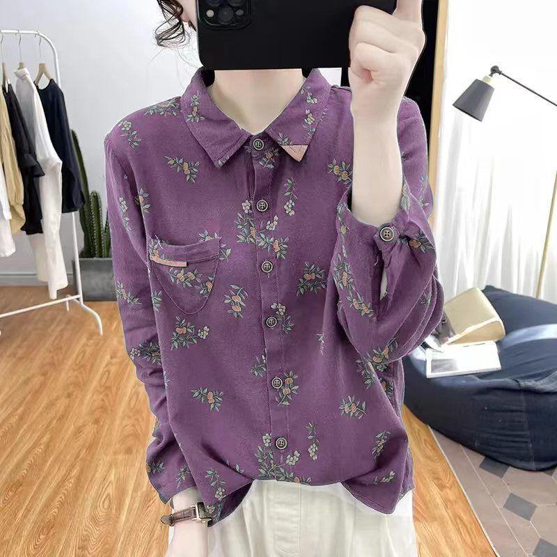 Women's Plus Size Cotton Print Shirt with Turn-Down Collar - Loose, Versatile, Korean Style, Long Sleeve for Spring and Autumn