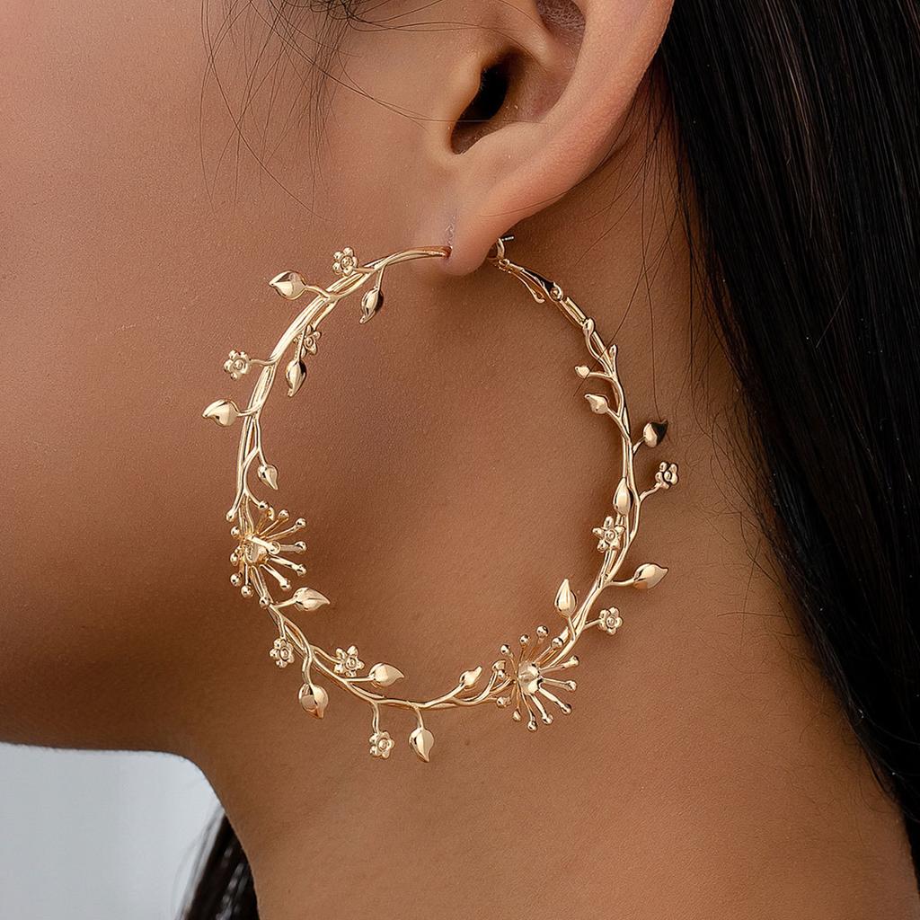 Oversized Earrings Flowers Branches and Leaves Exaggerated Gold Large Circle Sweet Cool Fashion Atmosphere Earrings Earrings Earrings Earrings